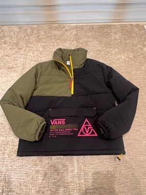 Vans Olive & Black Pullover Puffer with Pink Logo